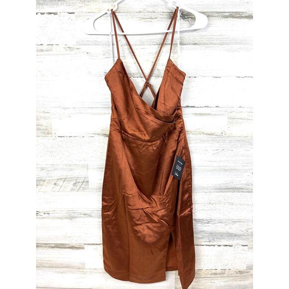 Lulus Women’s S Bronze Satin Hot Night Out Surplice Faux Wrap Midi Dress NWT - Picture 3 of 6